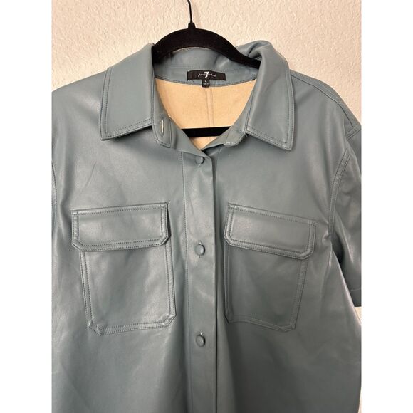 7 For All Mankind Shirt Dress Women Large Grey Blue Faux Leather Button Mini - Picture 2 of 7